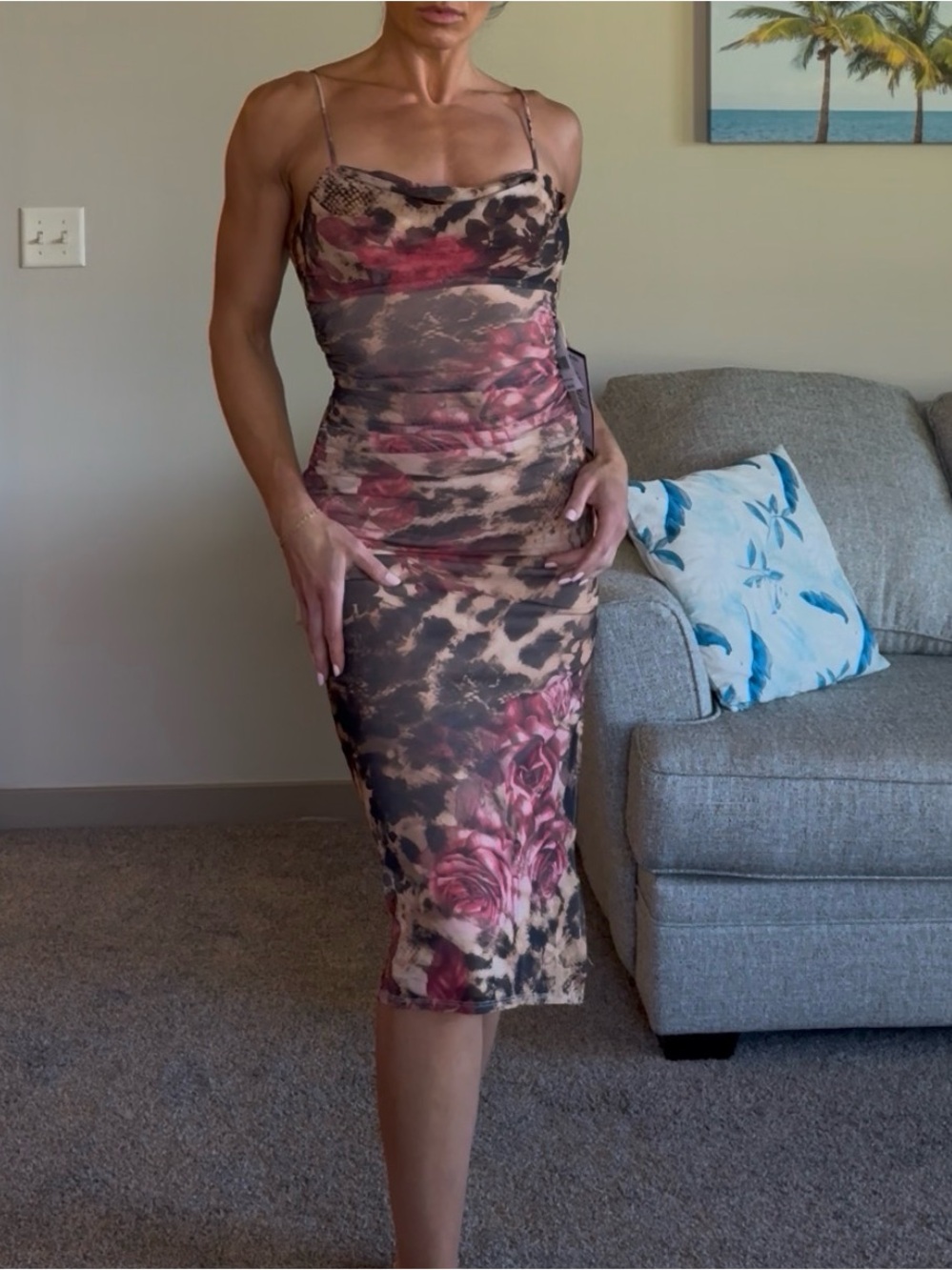 NWT Floral & Animal Print Slip Midi Dress in Rose and Brown